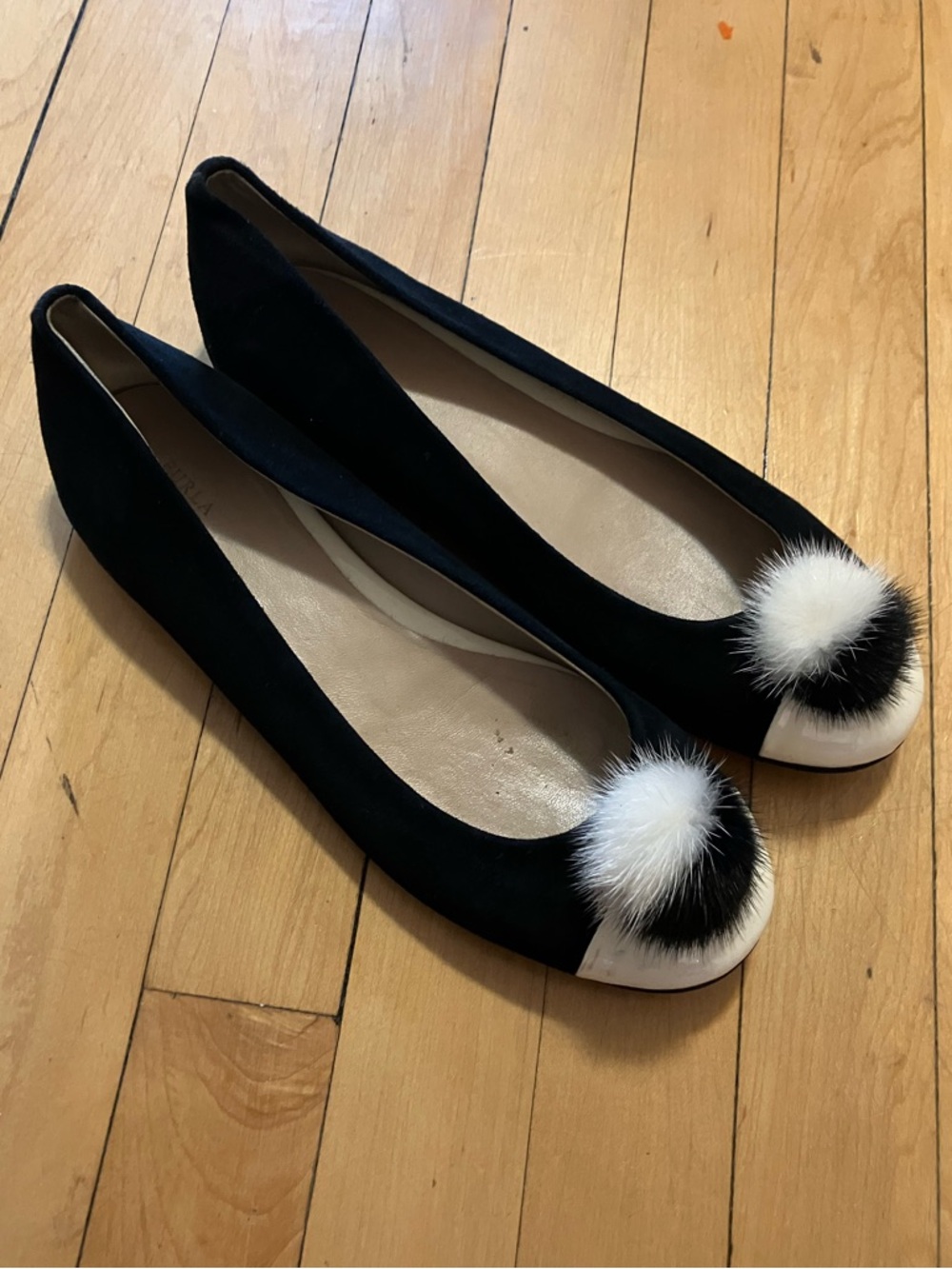 Furla Two Tone Patent Leather Suede Puff Ball Ballet Flats
